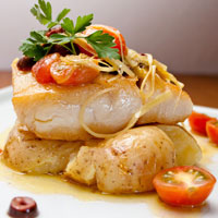 close-up of Roast Cod Caponata with roasted potatoes